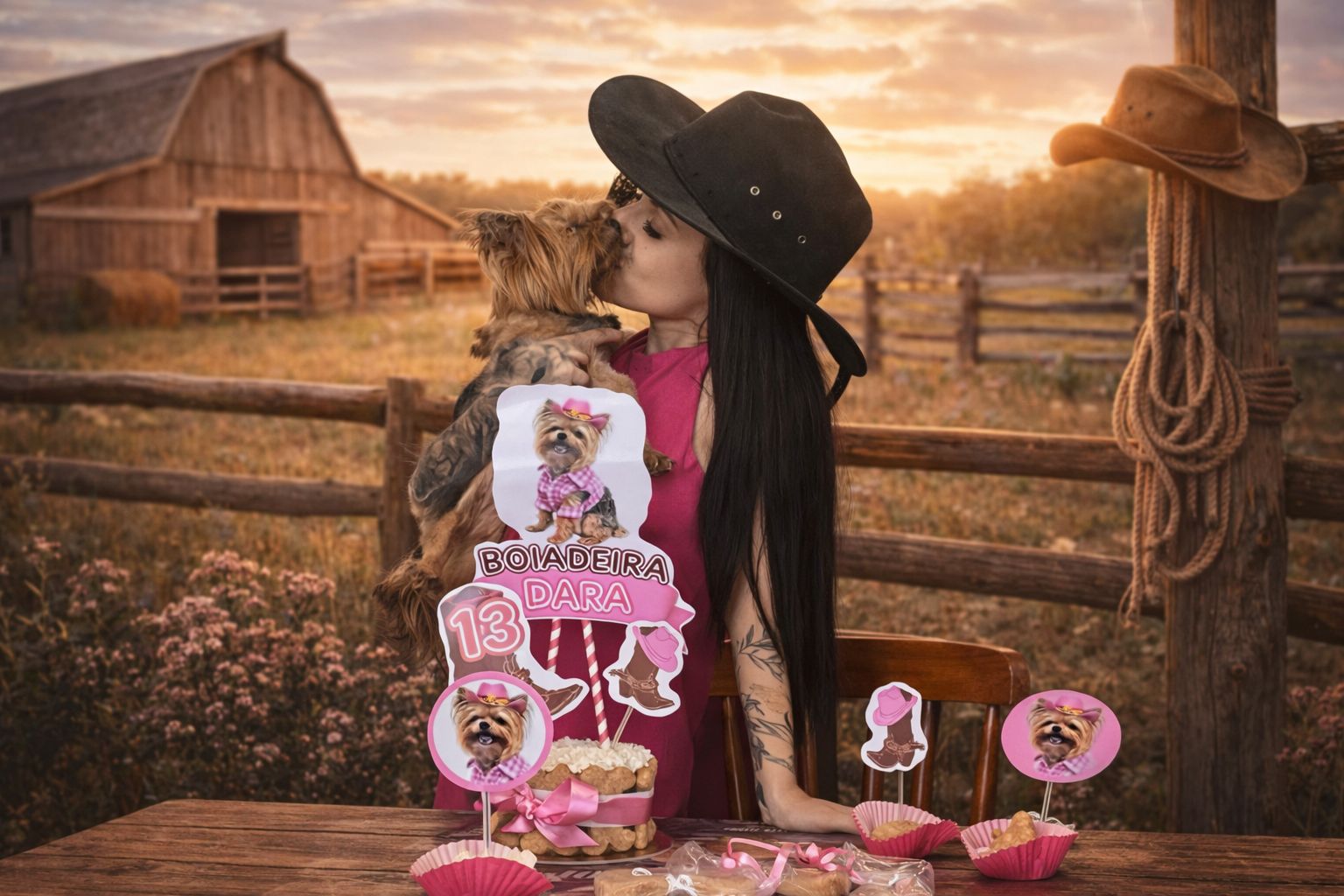 Cachorro pequeno ao lado do bolo temático personalizado feito pela Chef Pet Gourmet