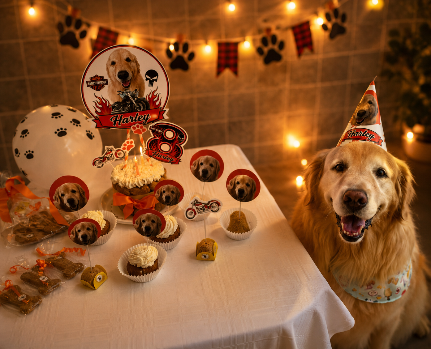 Cachorro com chapéu de aniversário ao lado do kit festa completo da Chef Pet Gourmet